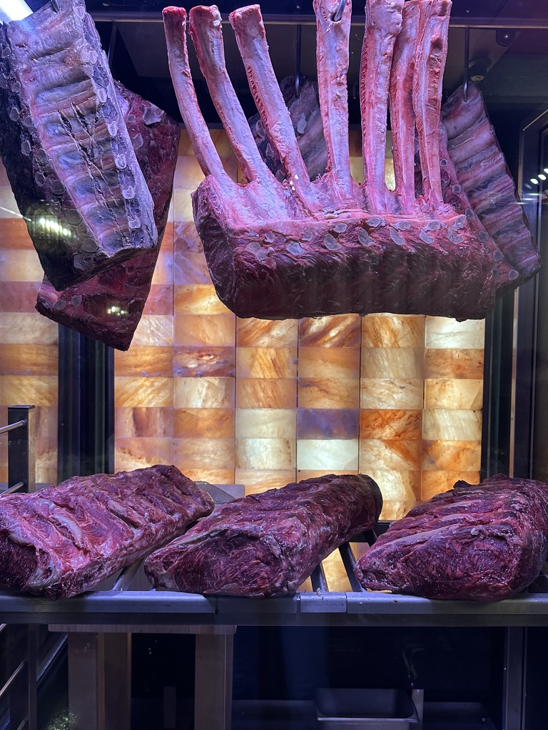 Premium beef dry aging in a commercial Himalayan salt Aging Room